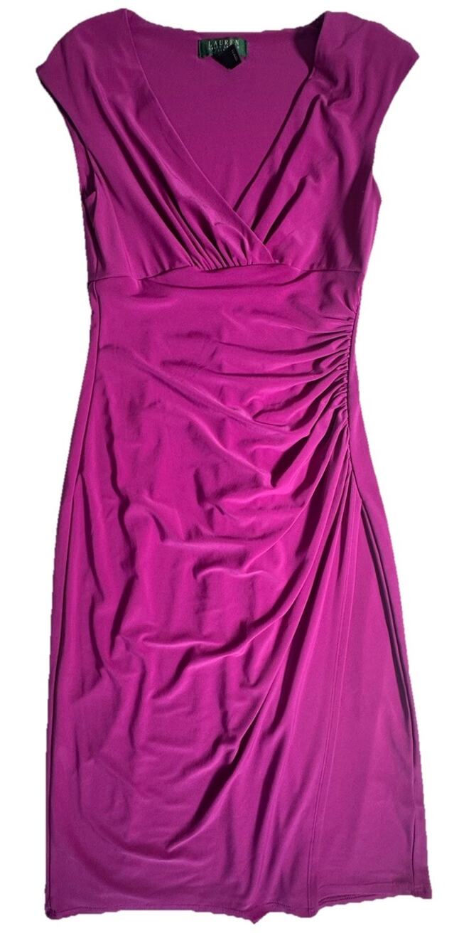 Lauren Ralph Lauren Dress Size 4 Pink Ruched Faux Wrap Sheath Midi Career